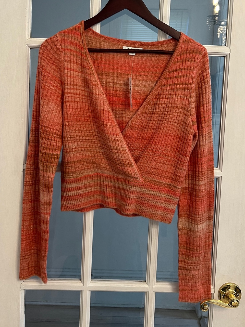 AMERICAN EAGLE Women’s Orange Space Dye Ribbed Wrap Front Cropped Sweater L NWT